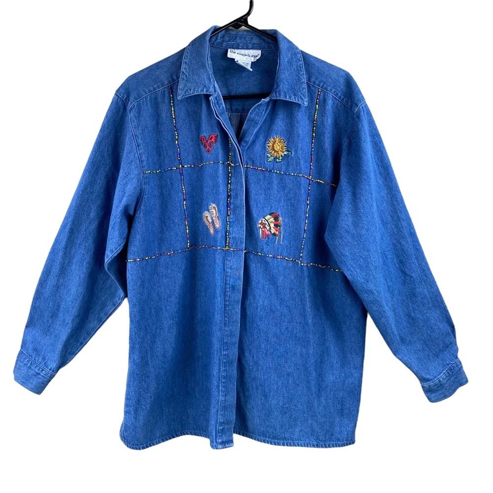 Vintage Womens Embroidered and Beaded Southwest Western Denim Shirt Size L